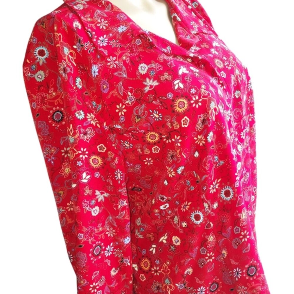 Christopher and Banks Size XL Women's Floral 3/4 Sleeve Red Button Down Top - Picture 4 of 16
